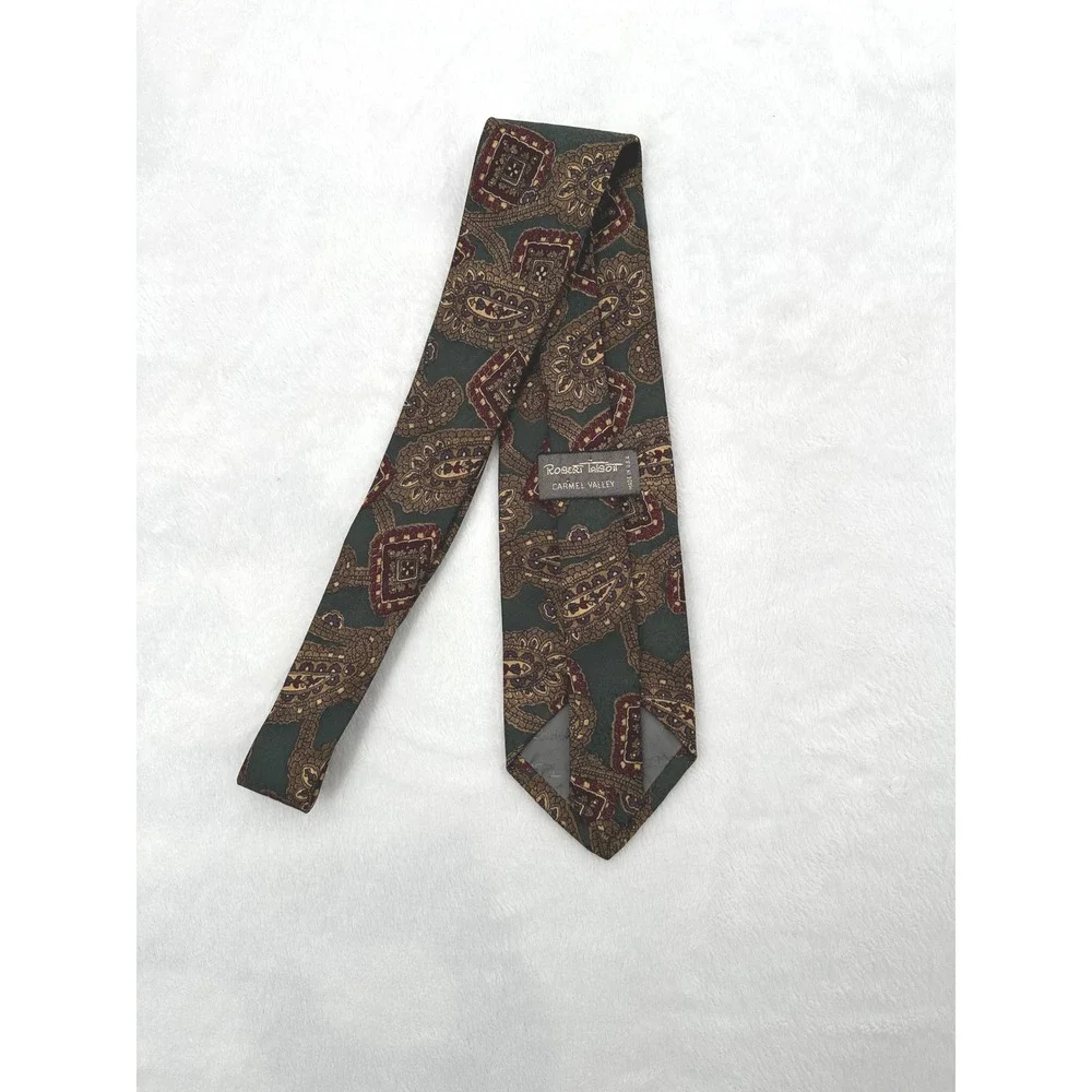 Robert Talbott Carmel Necktie Paisley Square Olive Green Burgundy‎ Silk Tie
